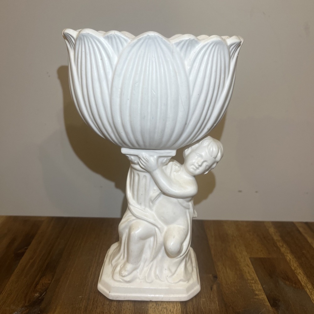 Vintage Cherub Pedestal Planter Vase White Ceramic Lotus MCM 8'